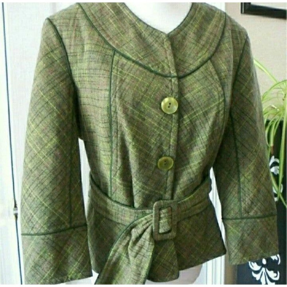 NINE WEST TWEED BLAZER BELTED WOOL BLEND GREEN COAT SIZE 12 WOMENS SZ 12